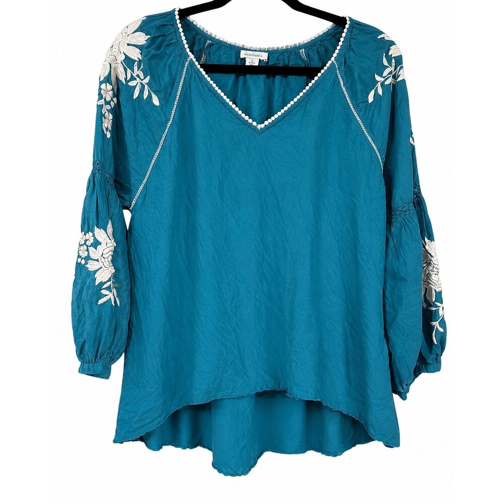 Sundance Naomi Isles Womens Small Teal Embroidered Modal Boho Balloon Sleeve Top